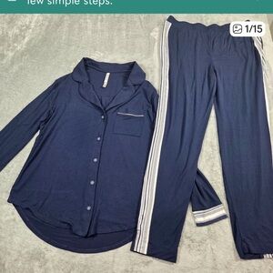 Soma Pajamas Small Navy Blue Cool Nights Long Sleeve Button Up Top Pants 2pc Set